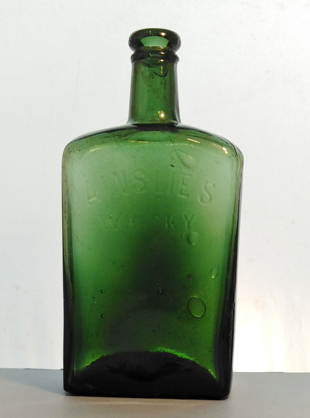 Rare Antique 1880s "Ainsliey Whisky" Green Glass Flask Bottle – Exceptional Primitive Character Quirks
